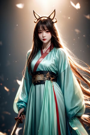 muelsyse (Arknights), 1girl, solo, slightly upturned lips, lipgloss, beautiful delicate eyes, hanfu, hanfu, splash background, holding sword, best quality, amazing quality, very aesthetic, ridiculous,girl, chinese clothes ,yumi,1 girl,dresses,cute
