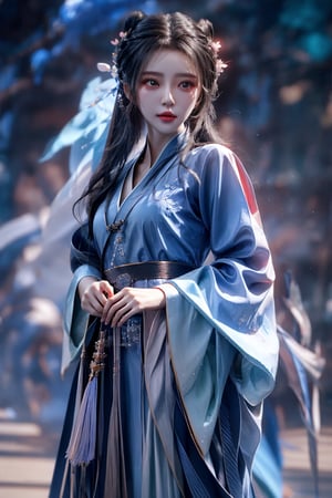 muelsyse (Arknights), 1girl, solo, slightly upturned lips, lipgloss, beautiful delicate eyes, hanfu, hanfu, splash background, holding sword, best quality, amazing quality, very aesthetic, ridiculous,girl, chinese clothes ,yumi,1 girl,dresses
