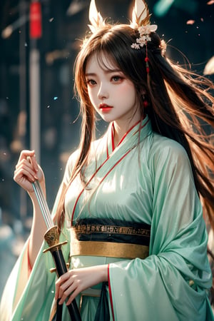 muelsyse (Arknights), 1girl, solo, slightly upturned lips, lipgloss, beautiful delicate eyes, hanfu, hanfu, splash background, holding sword, best quality, amazing quality, very aesthetic, ridiculous,girl, chinese clothes ,yumi,1 girl,dresses,cute