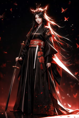 muelsyse (arknights),1girl, solo,hanfu,chinese clothes,splatter background, holding sword, best quality, amazing quality, very aesthetic, absurdres