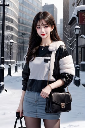 In a softly lit winter wonderland scene, a stunning Korean girl, Woman 1, stands out against the snowy backdrop. Her dreamy gaze, framed by luscious black hair with subtle bangs, is accentuated by big, bright smile and slightly upturned lips, painted with dark red lipstick. Her pale skin and delicate facial features are rendered in ultra-fine detail, showcasing perfect anatomy. A beautiful necklace and small earrings adorn her neck, while a handbag and winter down parka add a touch of elegance to her outfit. The overall effect is one of extreme delicacy, beauty, and realism, as if captured from an 8K art photo.
