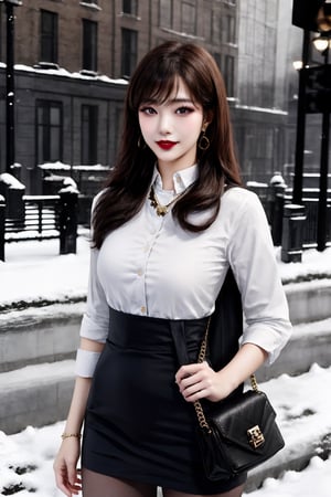 In a softly lit winter wonderland scene, a stunning Korean girl, Woman 1, stands out against the snowy backdrop. Her dreamy gaze, framed by luscious black hair with subtle bangs, is accentuated by big, bright smile and slightly upturned lips, painted with dark red lipstick. Her pale skin and delicate facial features are rendered in ultra-fine detail, showcasing perfect anatomy. A beautiful necklace and small earrings adorn her neck, while a handbag and winter down parka add a touch of elegance to her outfit. The overall effect is one of extreme delicacy, beauty, and realism, as if captured from an 8K art photo.,uniform11