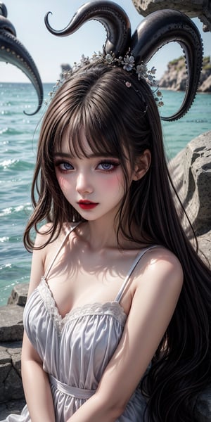best quality,Amazing,Beautiful golden eyes,finely detail,Depth of field,extremely detailed CG unity 8k wallpaper,(1 girl :1.5),Slightly raised lips, dark red lipstick, beautiful and delicate eyes, extremely delicate and beautiful girl, cute, extremely delicate face, beautiful face, beautiful and delicate hair, very aesthetic,Deep sea background,jellyfish,masterpiece,fluttered detailed splashs, beautiful detailed water,cosmic eyes,Shock sensation,(realistic :0.5),octopus,original,alluring_lolita_girl