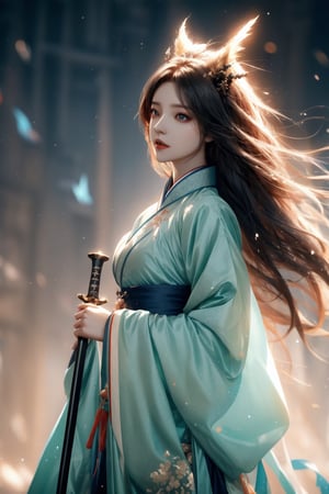 muelsyse (Arknights), 1girl, solo, slightly upturned lips, lipgloss, beautiful delicate eyes, hanfu, hanfu, splash background, holding sword, best quality, amazing quality, very aesthetic, ridiculous