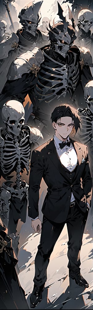 (master piece),(4k),(great artist),1 Taiwanese man with short black hair, 30yo, wearing a black suit and a white shirt, leading a group of skeleton knights to look at the camera indifferently
