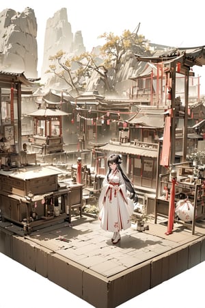 8k, high quality, masterpiece: 1.3), miniature model, white background, 3D isometric style, center, solo, full body,

1 Chinese woman, 26 years old, long black hair, with pink petals on her forehead, wearing a red and white Chinese robe, white plush at the neckline, wearing white leather boots, holding an iron-gray ancient long-handled weapon connecting two sharp knives, and the background is the gate of the ancient Chinese camp.