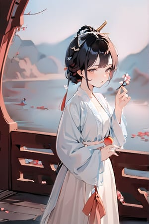 1 Chinese woman, 30 yo,with long black hair (braid), a pink lily in her hair, wearing a blue flat mouth, white translucent Hanfu, holding a branch with red peach blossoms in her hand, posing like a battle, the background is on the bank of the river in the south of the Yangtze River，4k, elegant, no expression