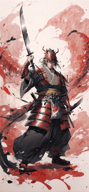 Samurai, wearing lobster armor, holding a huge machete in his hand, fighting posture, waving traces to produce knife gas, ink painting, black and red ink, Chinese lobster, MSchiffer ink art, whimsical, rough, (skwet 1.3)