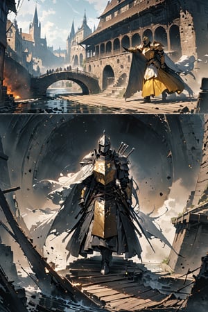 (master piece),(4k),(great artist),1 Eastern European knight, 40 yo, waved forward with a very huge chopper. The trajectory seemed to cut another space, wearing golden gorgeous general armor, white cloak, the background on the wooden bridge of the moat, various perspectives