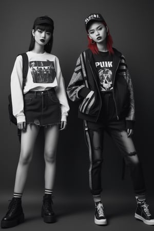 three different types of women in punk outfits with a backpack, official character illustration, dark moody monochrome colors, eboy, skinny waist and thick hips, top secret style photo, put on a mannequin, crosses, torn mesh, korean artist, website, casual clothing