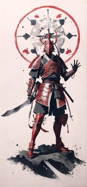 Samurai, wearing lobster armor, holding a huge machete in his hand, fighting posture, waving traces to produce knife gas, ink painting, black and red ink, Chinese lobster, MSchiffer ink art, whimsical, rough, (skwet 1.3)