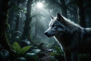 It produces a beautiful fantasy scene. A wild wolf looks back in the jungle at night. Its elegance and elegance are supernatural, and its eyes glow white.