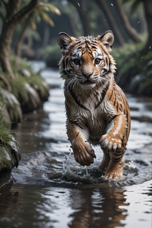 a cute small tiger running over water, 8k, uhd, dslr, realistic, award winning photo
