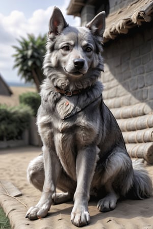 a cute Grey shepherd dog  Sitting next to the thatch, 8k, uhd, dslr, realistic, photo
