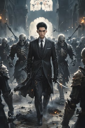 (master piece),(4k),(great artist),1 Taiwanese man with short black hair, 30yo, wearing a black suit and a white shirt, leading a group of skeleton knights to look at the camera indifferently