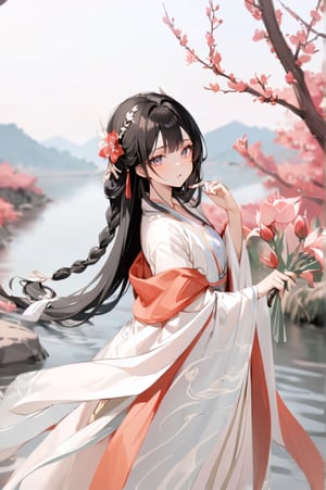 1 Chinese woman, 30 yo,with long black hair (braid), a pink lily in her hair, wearing a blue flat mouth, white translucent Hanfu, holding a branch with red peach blossoms in her hand, posing like a battle, the background is on the bank of the river in the south of the Yangtze River，4k, elegant, no expression