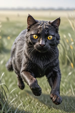 a cute and fat small black cat (Yellow eyes),running over Grassland , 8k, uhd, dslr, realistic, photo
