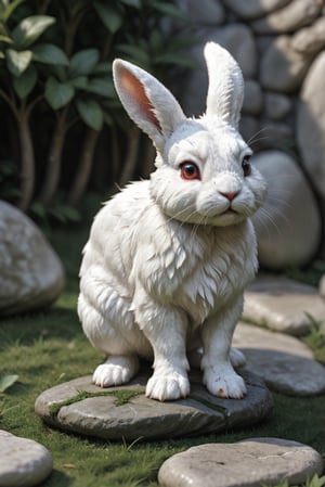 a cute White rabbit Looking around on Stone , 8k, uhd, dslr, realistic, photo
