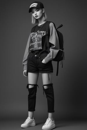 three different types of women in punk outfits with a backpack, official character illustration, dark moody monochrome colors, eboy, skinny waist and thick hips, top secret style photo, put on a mannequin, crosses, torn mesh, korean artist, website, casual clothing