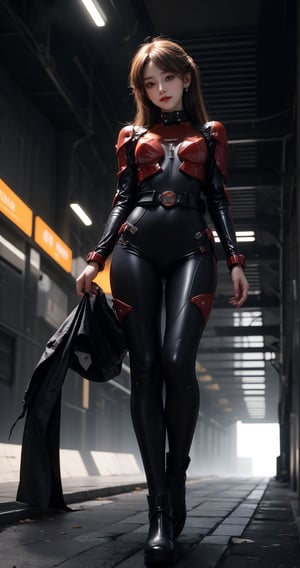 ((Asuka langley)),masterpiece, official art, digital illustration, best studio quality, 74k UHD, 3D ,CG artstyle, octane render, sharp focus,focus on eyes,Use Reflex to add light to the face., complex details, perfect details, highest resolution, studio light,((Genesis style)), complex details, highest resolution, perfect details, fashion magazine, soft makeup, earrings, short bob hairstyle, 1 girl, solo, Best Shadows, colorful, (super cuteness Face), shiny skin, looking at viewer, gloves, jewelry, medium breasts, cowboy shot, belt, piercing, cool, dynamic light, dynamic pose, Mechanical head, cyborg girl, smiling face, body suit, mecha wrapping, thin arms, delicate proportions, mecha skeleton, mecha arms, mecha boots, mecha body, each part carefully expressed, appropriate style, bold paint lines, simple and flat design, full body 3/4, walking on street chainess old city, stripes with white circuit on the background, diagonal angle