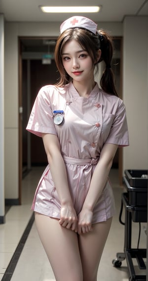 ((Realistic cute cyber_nurse)), 1 girl, beautiful girl,((Japanese nurse, nurse suit, futuristic nurse)),Slim figure, syringe, hospital room background, surgical gloves, surgical cap, operating room, nurse uniform, (hospital background), hospital, solo, a young japanese nurse, 20 years old, wearing  nurse short_uniform, smile,1 girl , long twin ponytails hair, bang, black hair,standing, full-body shot, expression smiling face, holding_Syringe , show thigh, hospital room,completely realistic face, ray trace visually stunning 32k UHD, 3D CG, highest resolution, perfect details, style expressive, sharp focus, Best Quality, Special nurse girl futuristic-tricks, photorealism, Photo realistic, high resolution, Raw photo, Natural light,ambient lighting, sidelighting, smooth rhythm, syringe,walking in hospital room, (Detailed face), perfect body,ManamiOohashi,TG