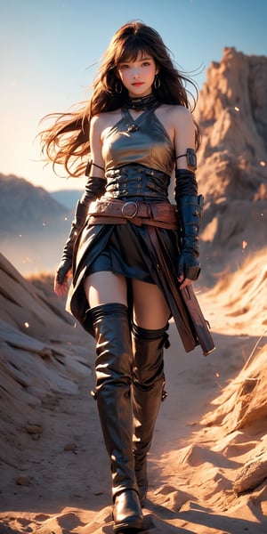 Here is a prompt that combines the elements you provided:

A stunning 32k UHD, 3D CG masterpiece of a tribal girl hunter standing proudly in the middle of a vast desert landscape. The heroine wears knee-high boots and armor, her long black hair styled in twin tails with bangs framing her smiling face. Her eyes shine brightly as she holds bazooka assault  at the ready,aqua hair, its realistic details perfectly rendered. The desert sun casts natural light on the scene, capturing every detail of this photorealistic image. In the distance, a battle-scarred landscape stretches out, with the girl's confident stride and determined expression showcasing her bravery in the face of war.,(full-body short),best life and shadow. 