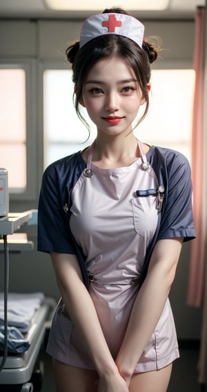 ((Realistic cute cyber_nurse)), 1 girl, beautiful girl,((Japanese nurse, nurse suit, futuristic nurse)),Slim figure, syringe, hospital room background, surgical gloves, surgical cap, operating room, nurse uniform, (hospital background), hospital, solo, a young japanese nurse, 20 years old, wearing  nurse short_uniform, smile,1 girl , long twin ponytails hair, bang, black hair,standing, full-body shot, expression smiling face, holding_Syringe , show thigh, hospital room,completely realistic face, ray trace visually stunning 32k UHD, 3D CG, highest resolution, perfect details, style expressive, sharp focus, Best Quality, Special nurse girl futuristic-tricks, photorealism, Photo realistic, high resolution, Raw photo, Natural light,ambient lighting, sidelighting, smooth rhythm, syringe,walking in hospital room, (Detailed face), perfect body,ManamiOohashi,TG