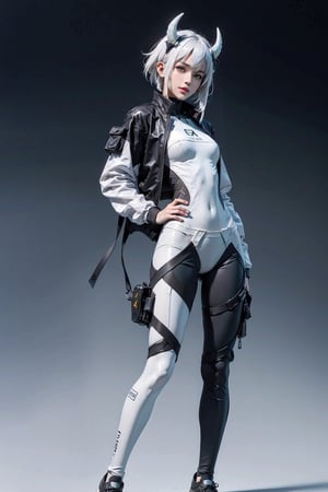 8k, masterpiece, best quality, realistic, sharp focus, cinematic lighting, extremely detailed, epic, edgy, sexy, from below, parted lips, seductive smile, sexually suggestive, blue eyes, white of eyes, ((white_eyebrows)), ((white hair)), bangs, irl wearing white tech bodysuit, gray sports leggings, tech harnesses, cargo straps, tech wear, black jacket, military green cargo pilot, full body, detailed face, tiny_breast, (((plain background))), (((no background))), (((gradient background))), YAMATO, round ass, motoko2045wz, voluptuous, (((white horns))), (hourglass body shape: 0.6), urban techwear,urban techwear