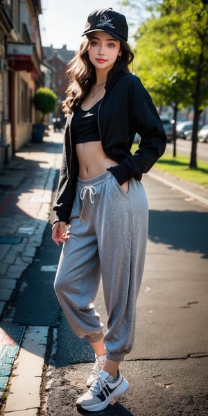 (Young goddess in hip hop fashion), 14 year old Russian dancer, (((full body))), (park visible in background)), body framing, perfect proportions, round face, (thick gray sweatpants), (white t-shirt with pink logo), yacht parka, colorful dancing shoes, belly, (gray very short curly bobbed hair with black cap hat worn diagonally), decisive face with hands in pockets and chin pulled back, (boosted hair color), (very dark top hair), (dark brown eyes), highlights on eyes, (makeup, eye shadow, eyeliner), (high nose ), eye shadow, lip filler, (lips slightly open to show 2 upper front teeth), smile, thin cheek rouge, makeup, earrings, necklace, (small round chest), round buttocks, (thin waist), ((light skin tone)), ³ masterpiece, super detailed, high resolution, 8K, HD, realistic rendering, Reality Based Rendering , Unreal Engine, Complex Detail, (Noise Removal), Solo, Detailedface, Realism, Raw Photo, Photography, Photorealism, Photoshoot, One Girl, Young Beauty Spirit, World's Best Face, Enhance, Detailedface, Perfect, (8k sharp focus), Ultra Photorealism, Detail, Masterpiece, Color Booster, European Girl, (Face Makeup), epiC35mm, (Front: 1), Photorealistic, (2 limbs, 5 fingers)