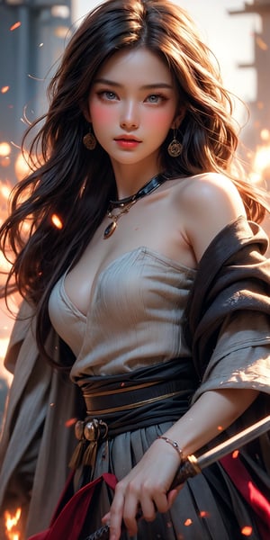 A masterpiece of photorealism, shot in RAW at 8k resolution, captures the essence of Sengoku-era Japan as a slim female samurai stands victorious amidst war fires raging everywhere. The perfect dynamic composition frames her flawless facial features and highly detailed skin textures. Her sharp Japanese sword glints in the flickering light as she wears an elaborate ring-adorned off-shoulder uniform, showcasing her beautiful blue eyes that seem to burn with eros. A bewitching smile plays on her lips, hinting at a thrill of pleasure. The camera's gaze lingers on her full, curvaceous figure, framed by the chaos of war, as she embodies the perfect blend of cute and sexy beauty.