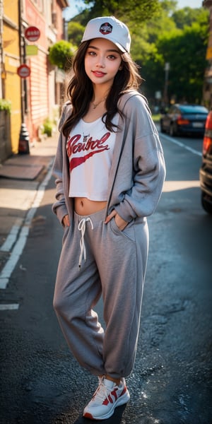 (Young goddess in hip hop fashion), 14 year old Japanese dancer, (((full body))), (park visible in background)), body framing, perfect proportions, round face, (thick gray sweatpants), (white t-shirt with pink logo), yacht parka, colorful dancing shoes, belly, (gray very short curly bobbed hair with black cap hat worn diagonally), decisive face with hands in pockets and chin pulled back, (boosted hair color), (very dark top hair), (dark brown eyes), highlights on eyes, (makeup, eye shadow, eyeliner), (high nose ), eye shadow, lip filler, (lips slightly open to show 2 upper front teeth), smile, thin cheek rouge, makeup, earrings, necklace, (small round chest), round buttocks, (thin waist), ((light skin tone)), ³ masterpiece, super detailed, high resolution, 8K, HD, realistic rendering, Reality Based Rendering , Unreal Engine, Complex Detail, (Noise Removal), Solo, Detailedface, Realism, Raw Photo, Photography, Photorealism, Photoshoot, One Girl, Young Beauty Spirit, World's Best Face, Enhance, Detailedface, Perfect, (8k sharp focus), Ultra Photorealism, Detail, Masterpiece, Color Booster, European Girl, (Face Makeup), epiC35mm, (Front: 1), Photorealistic, (2 limbs, 5 fingers)
