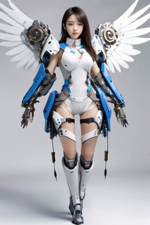 1girl, mechanical wings, solo, wings, long hair, grey eyes, feathers, white background, simple background, cyborg, cowboy shot, joints, robot joints, lips, mechanical arms, looking at viewer, arms at sides, feathered wings, white hair, realistic, mechanical parts, android, blue eyes,MECHA GIRL,bingirl