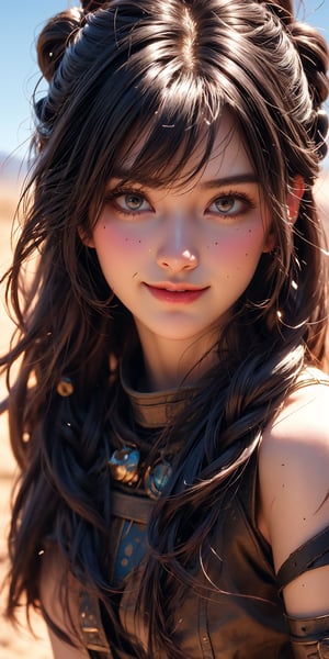 Here is a prompt that combines the elements you provided:

A stunning 32k UHD, 3D CG masterpiece of a tribal girl hunter standing proudly in the middle of a vast desert landscape. The heroine wears knee-high boots and armor, her long black hair styled in twin tails with bangs framing her smiling face. Her eyes shine brightly as she holds bazooka assault  at the ready,aqua hair, its realistic details perfectly rendered. The desert sun casts natural light on the scene, capturing every detail of this photorealistic image. In the distance, a battle-scarred landscape stretches out, with the girl's confident stride and determined expression showcasing her bravery in the face of war.,(full-body short),best life and shadow. 