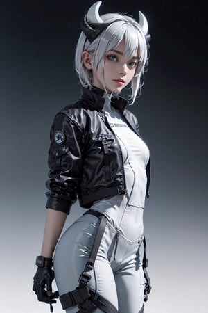 8k, masterpiece, best quality, realistic, sharp focus, cinematic lighting, extremely detailed, epic, edgy, sexy, from below, parted lips, seductive smile, sexually suggestive, blue eyes, white of eyes, ((white_eyebrows)), ((white hair)), bangs, irl wearing white tech bodysuit, gray sports leggings, tech harnesses, cargo straps, tech wear, black jacket, military green cargo pilot, full body, detailed face, tiny_breast, (((plain background))), (((no background))), (((gradient background))), YAMATO, round ass, motoko2045wz, voluptuous, (((white horns))), (hourglass body shape: 0.6), urban techwear,urban techwear