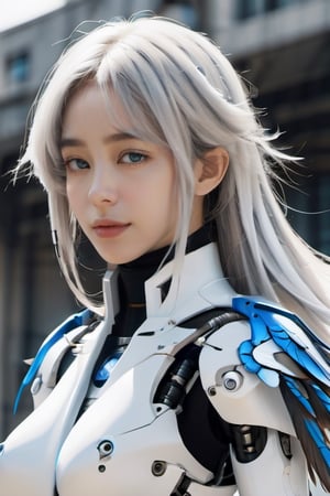 1girl, mechanical wings, solo, wings, long hair, grey eyes, feathers, white background, simple background, cyborg, cowboy shot, joints, robot joints, lips, mechanical arms, looking at viewer, arms at sides, feathered wings, white hair, realistic, mechanical parts, android, blue eyes,MECHA GIRL,bingirl