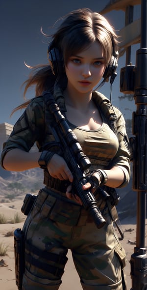 1 beautiful female soldier, wearing communication headphones, young female soldier, girl sniper with small automatic rifle, futuristic combat gear, wearing military camouflage crop top, big breasts, navel, military shorts, thighs, cool action pose, wearing tactical gear with ammunition, cowboy gets shot, inside abandoned city in desert after battle,Taskforce,cameltoe, Glamor body type,  blushed face:0.7),((nervous and embarrassed)), sharp-focus,  beauty mix,  FilmGirl, film grain, detailed fingers, beautiful and aesthetic, masterpiece, high contrast,  bokeh:1.2,  lens flare,  (vibrant color:1.4), (muted colors,  cinematic lighting,  ambient lighting,  side lighting,  Exquisite details and textures, cinematic shot, perfect tone,  (Bright and intense:1.2),  wide shot, (full-body view:1.5), (smile expression:1.3),ultra-realistic illustration, Siena natural ratio,  Best Quality,  photorealistic,  ultra-detailed,  finely detailed,  high resolution,  perfect dynamic composition,official art, digital illustration, best studio quality, 64k UHD, octane render, sharp focus, smooth rhythm