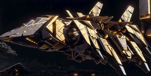 A spaceX in 200 years into the future,scifi, luxurious,  cyberpunk, spaceship on a highway ,luxtech, luxurious, mecha, gold_(metal) and flat black, cyberpunk, photorealistic,mecha musume