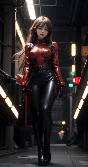 ((Asuka langley)),masterpiece, official art, digital illustration, best studio quality, 74k UHD, 3D ,CG artstyle, octane render, sharp focus,focus on eyes,Use Reflex to add light to the face., complex details, perfect details, highest resolution, studio light,((Genesis style)), complex details, highest resolution, perfect details, fashion magazine, soft makeup, earrings, short bob hairstyle, 1 girl, solo, Best Shadows, colorful, (super cuteness Face), shiny skin, looking at viewer, gloves, jewelry, medium breasts, cowboy shot, belt, piercing, cool, dynamic light, dynamic pose, Mechanical head, cyborg girl, smiling face, body suit, mecha wrapping, thin arms, delicate proportions, mecha skeleton, mecha arms, mecha boots, mecha body, each part carefully expressed, appropriate style, bold paint lines, simple and flat design, full body 3/4, walking on street chainess old city, stripes with white circuit on the background, diagonal angle