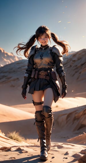 Here is a prompt that combines the elements you provided:

A stunning 32k UHD, 3D CG masterpiece of a tribal girl hunter standing proudly in the middle of a vast desert landscape. The heroine wears knee-high boots and armor, her long black hair styled in twin tails with bangs framing her smiling face. Her eyes shine brightly as she holds bazooka assault  at the ready, its realistic details perfectly rendered. The desert sun casts natural light on the scene, capturing every detail of this photorealistic image. In the distance, a battle-scarred landscape stretches out, with the girl's confident stride and determined expression showcasing her bravery in the face of war.,(full-body:1.5)