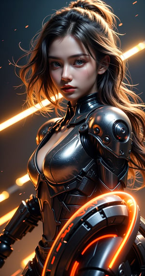 Create a stunning 64K CG wallpaper featuring a beautiful and seductive cyborg woman in battle mode, with intricate details and high resolution textures. The scene is set against a dark backdrop, illuminated only by the glowing blue eyes of our protagonist, who sports bun hair and a cute face with mesmerizing gaze. Her entire body is composed of advanced machinery, as if she's a walking war machine. She wears a futuristic outfit that seamlessly integrates her mechanical limbs. The photo captures her full figure, showcasing every detail from head to toe. The atmosphere is intense, with a sense of darkness and foreboding, as if she's about to unleash her fury on the battlefield. Capture this masterpiece in RAW format, ensuring the best possible quality for the discerning viewer.
