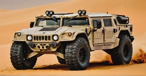 A futuristic of war vehicle, high-resolution masterpiece captures a sleek, camouflage-patterned texture,  military vehicle, LM002-inspired, with a sharp focus on the rugged terrain. The dune's gradient meets the vehicle's gray body, worn at the edges like battle scars. Laser headlights pierce the darkness, while double-row seats evoke a sense of stealth and power. From a diagonal angle, the camera captures the vehicle's imposing presence, as if ready to enter the Death Race arena.