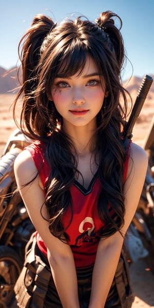 A stunning 32k UHD, 3D CG masterpiece of a tribal girl hunter standing proudly in the middle of a vast desert landscape. The heroine wears knee-high boots and armor, her long black hair styled in twin tails with bangs framing her smiling face. Her eyes shine brightly as she holds bazooka assault  at the ready,aqua hair, its realistic details perfectly rendered. The desert sun casts natural light on the scene, capturing every detail of this photorealistic image. In the distance, a battle-scarred landscape stretches out, with the girl's confident stride and determined expression showcasing her bravery in the face of war.,(full-body short),best life and shadow. 