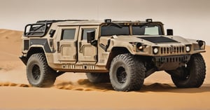 A futuristic of war vehicle, high-resolution masterpiece captures a sleek, camouflage-patterned texture,  military vehicle, LM002-inspired, with a sharp focus on the rugged terrain. The dune's gradient meets the vehicle's gray body, worn at the edges like battle scars. Laser headlights pierce the darkness, while double-row seats evoke a sense of stealth and power. From a diagonal angle, the camera captures the vehicle's imposing presence, as if ready to enter the Death Race arena.