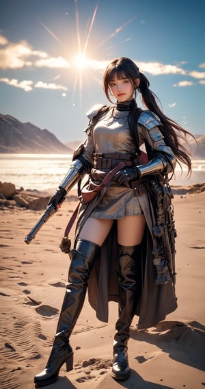 Here is a prompt that combines the elements you provided:

A stunning 32k UHD, 3D CG masterpiece of a tribal girl hunter standing proudly in the middle of a vast desert landscape. The heroine wears knee-high boots and armor, her long black hair styled in twin tails with bangs framing her smiling face. Her eyes shine brightly as she holds bazooka assault  at the ready, its realistic details perfectly rendered. The desert sun casts natural light on the scene, capturing every detail of this photorealistic image. In the distance, a battle-scarred landscape stretches out, with the girl's confident stride and determined expression showcasing her bravery in the face of war.,(full-body:1.5)