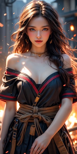 A masterpiece of photorealism, shot in RAW at 8k resolution, captures the essence of Sengoku-era Japan as a slim female samurai stands victorious amidst war fires raging everywhere. The perfect dynamic composition frames her flawless facial features and highly detailed skin textures. Her sharp Japanese sword glints in the flickering light as she wears an elaborate ring-adorned off-shoulder uniform, showcasing her beautiful blue eyes that seem to burn with eros. A bewitching smile plays on her lips, hinting at a thrill of pleasure. The camera's gaze lingers on her full, curvaceous figure, framed by the chaos of war, as she embodies the perfect blend of cute and sexy beauty.