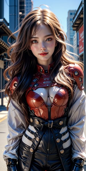 ((Asuka langley)),masterpiece, official art, digital illustration, best studio quality, 64k UHD, 3D ,CG artstyle, octane render, sharp focus,focus on eyes,Use Reflex to add light to the face., complex details, perfect details, highest resolution, studio light,((Genesis style)), complex details, highest resolution, perfect details, fashion magazine,Create an art Poster, vintage anime/graphic novel styled illustration of a tech-wear, Filipina, Spanish, Japanese female cyborg ninja, wielding a plasma energized katana, striking pose, all limbs appear in frame, Japanese vibe, detailed design for streetwear and urban style Chinese ink wash painting, urban background, soft makeup, 1 girl, solo, Best Shadows, colorful, (super cuteness Face), shiny skin, looking at viewer, gloves, medium breasts,dynamic light, smiling face,delicate proportions, 