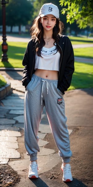 (Young goddess in hip hop fashion), 14 year old Japanese dancer, (((full body))), (park visible in background)), body framing, perfect proportions, round face, (thick gray sweatpants), (white t-shirt with pink logo), yacht parka, colorful dancing shoes, belly, (gray very short curly bobbed hair with black cap hat worn diagonally), decisive face with hands in pockets and chin pulled back, (boosted hair color), (very dark top hair), (dark brown eyes), highlights on eyes, (makeup, eye shadow, eyeliner), (high nose ), eye shadow, lip filler, (lips slightly open to show 2 upper front teeth), smile, thin cheek rouge, makeup, earrings, necklace, (small round chest), round buttocks, (thin waist), ((light skin tone)), ³ masterpiece, super detailed, high resolution, 8K, HD, realistic rendering, Reality Based Rendering , Unreal Engine, Complex Detail, (Noise Removal), Solo, Detailedface, Realism, Raw Photo, Photography, Photorealism, Photoshoot, One Girl, Young Beauty Spirit, World's Best Face, Enhance, Detailedface, Perfect, (8k sharp focus), Ultra Photorealism, Detail, Masterpiece, Color Booster, European Girl, (Face Makeup), epiC35mm, (Front: 1), Photorealistic, (2 limbs, 5 fingers)