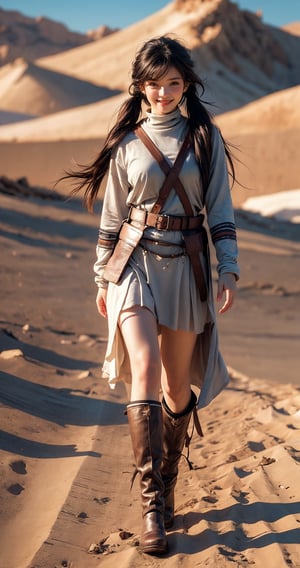 Here is a prompt that combines the elements you provided:

A stunning 32k UHD, 3D CG masterpiece of a tribal girl hunter standing proudly in the middle of a vast desert landscape. The heroine wears knee-high boots and armor, her long black hair styled in twin tails with bangs framing her smiling face. Her eyes shine brightly as she holds bazooka assault  at the ready, its realistic details perfectly rendered. The desert sun casts natural light on the scene, capturing every detail of this photorealistic image. In the distance, a battle-scarred landscape stretches out, with the girl's confident stride and determined expression showcasing her bravery in the face of war.,(full-body:1.5),best life and shadow. 