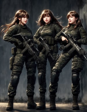 1girl, solo, long hair, looking at the viewer, smile, laugh,  bangs, brown hair, realistic, ponytail, gloves, holding, weapon,  realistic, short sleeves, boots, black gloves, pants, fingerless gloves, black footwear, holding weapon, blurry, gun, military, black shirt, blurry background, (wearing military camouflage crop top, pants), holding gun, rifle, assault rifle, knee pads, one knee, combat boots, M4A1, Military,  elegance, masterpiece, earrings, realistic,  masterpiece, best quality, photorealistic, raw photo,  earrings, black eyes, lips, bow headband, lips, ribbon, realistic, parted lips, lips, ribbon, realistic, blurry background,Military, Taskforce, Assault rifle ,dual wielding twin buster rifle