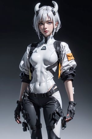 8k, masterpiece, best quality, realistic, sharp focus, cinematic lighting, extremely detailed, epic, edgy, sexy, from below, parted lips, seductive smile, sexually suggestive, blue eyes, white of eyes, ((white_eyebrows)), ((white hair)), bangs, irl wearing white tech bodysuit, gray sports leggings, tech harnesses, cargo straps, tech wear, black jacket, military green cargo pilot, full body, detailed face, tiny_breast, (((plain background))), (((no background))), (((gradient background))), YAMATO, round ass, motoko2045wz, voluptuous, (((white horns))), (hourglass body shape: 0.6), urban techwear,urban techwear